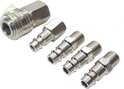 Een set van vijf metalen luchtkoppelingen met een vrouwelijke koppeling en vier mannelijke nippel-adapters.