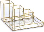 Sieradendoos, 4 stuks, van metaal, glas, scuktborden met 3 sieradenhouders, sieradenhouder, bureau-organizer, make-upkwastenhouder voor sieraden van dames, ring, sieraden bewaren (rechthoekig)