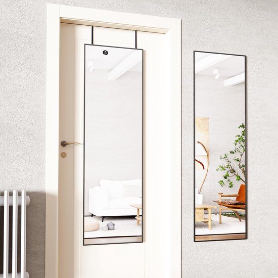 Deurspiegel, full-body spiegel, 41 x 127 cm wandspiegel met 2 in hoogte verstelbare ophang haken boven de deur, hangspiegel met aluminium frame voor ingangen en slaapkamer, zwart