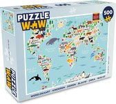 Puzzel Wereldkaart - Kinderen - Dieren - Blauw - Orka - Walvis - Legpuzzel - Puzzel 500 stukjes