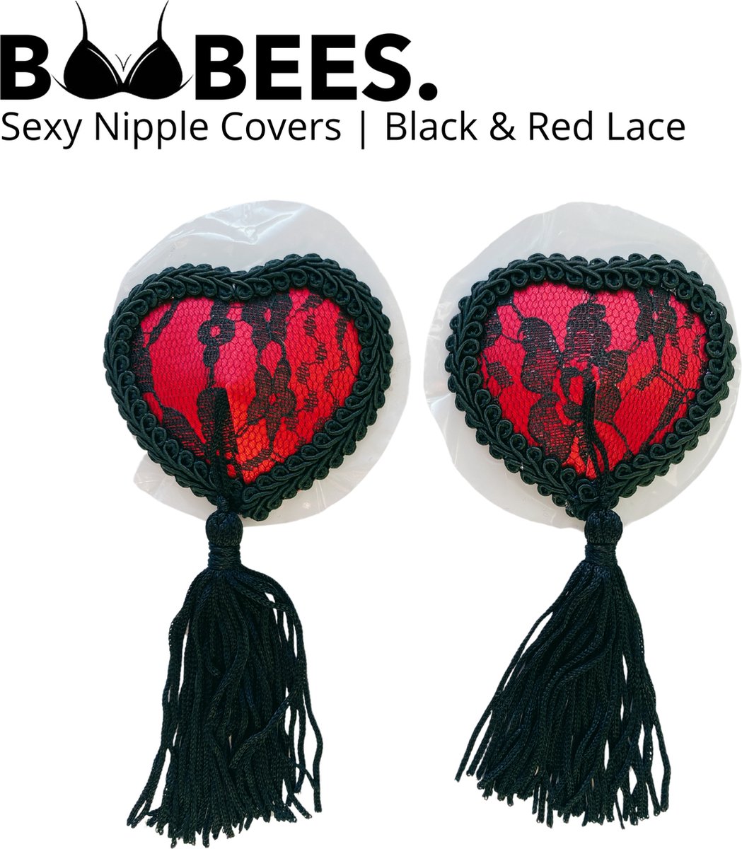 Goedkoopste BOOBEES Erotische Tepelstickers - Nipple Covers - Borst Sieraad Accessoire - Rood - Zwart Kant - Tepelkwastjes