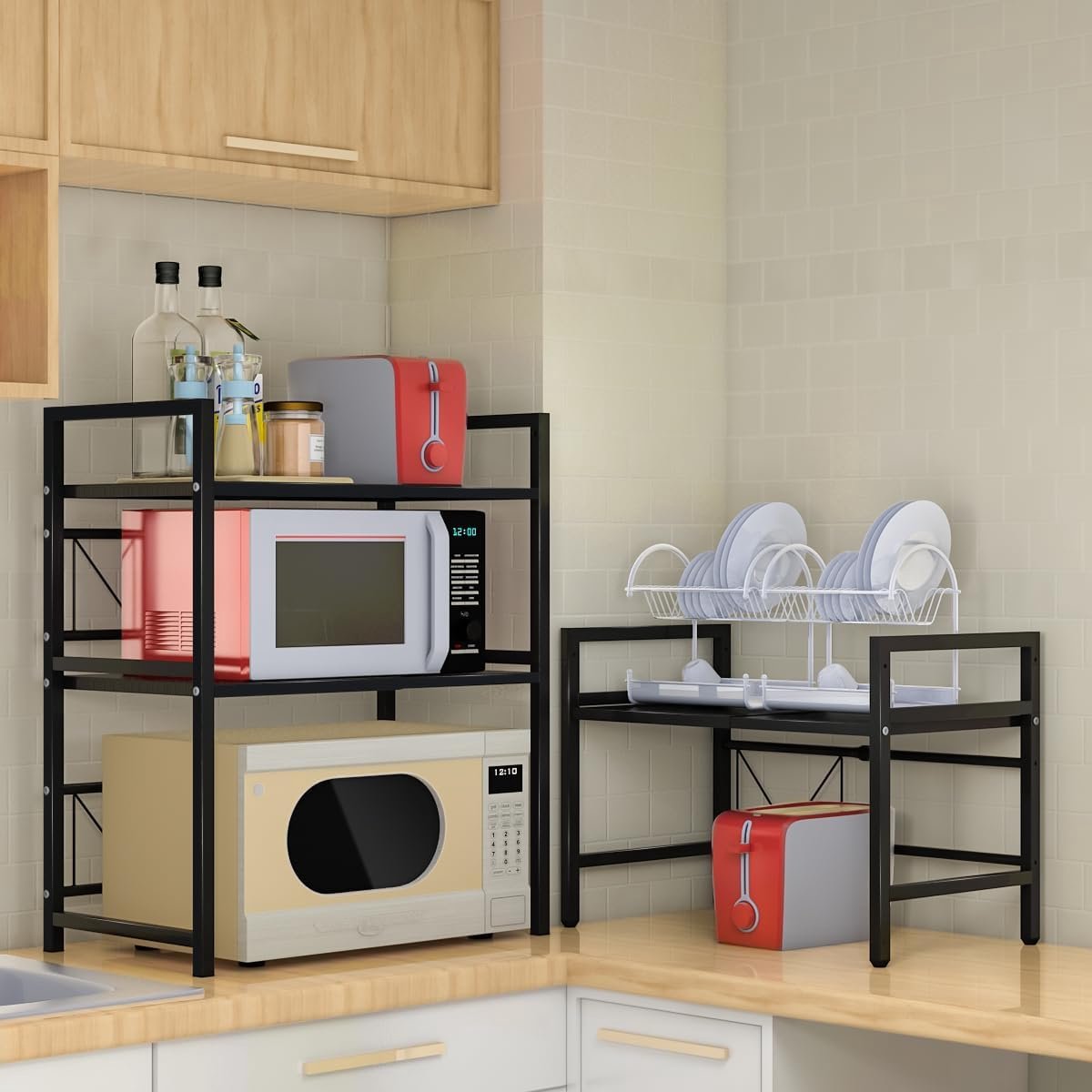 NLMWTI Étagère extensible à 2 niveaux, micro-ondes organiseur de cuisine avec 6 crochets suspendus, support pour four micro-ondes