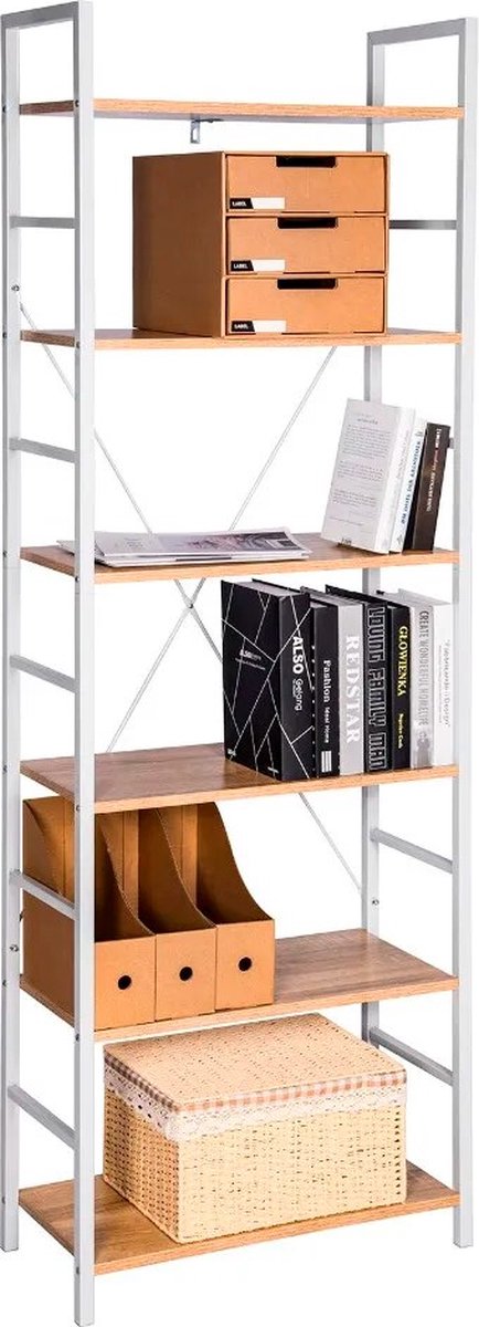 BukkitBow Moderne Hoge Boekenkast met Metalen Frame en Hout - 6 Planken - Geschikt voor Decoratie in de Woonkamer of Opslagrek/Bergingrek- 60X28X180CM - Wit met Licht Eikenhout
