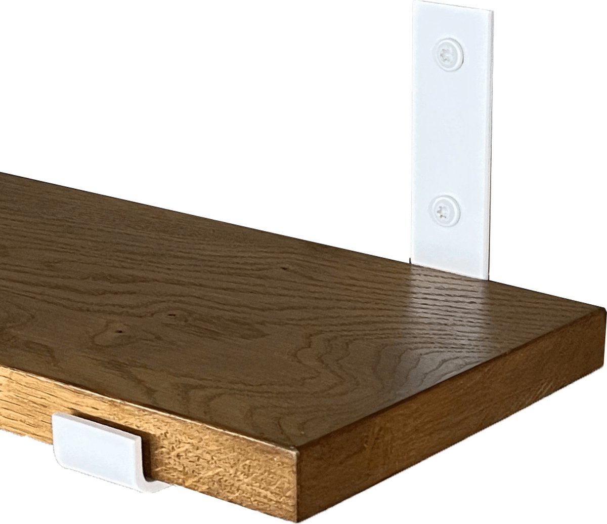 GoudmetHout Wandplank Industrieel - 180 x 20 cm Muurplank - Donker Eiken Hout - Decoratie Wandrek & Boekenrek - Hangplank Keuken - Wall Shelf + 2 Mat Witte Plankdragers van Staal Donker eiken - Mat wit - 20 cm