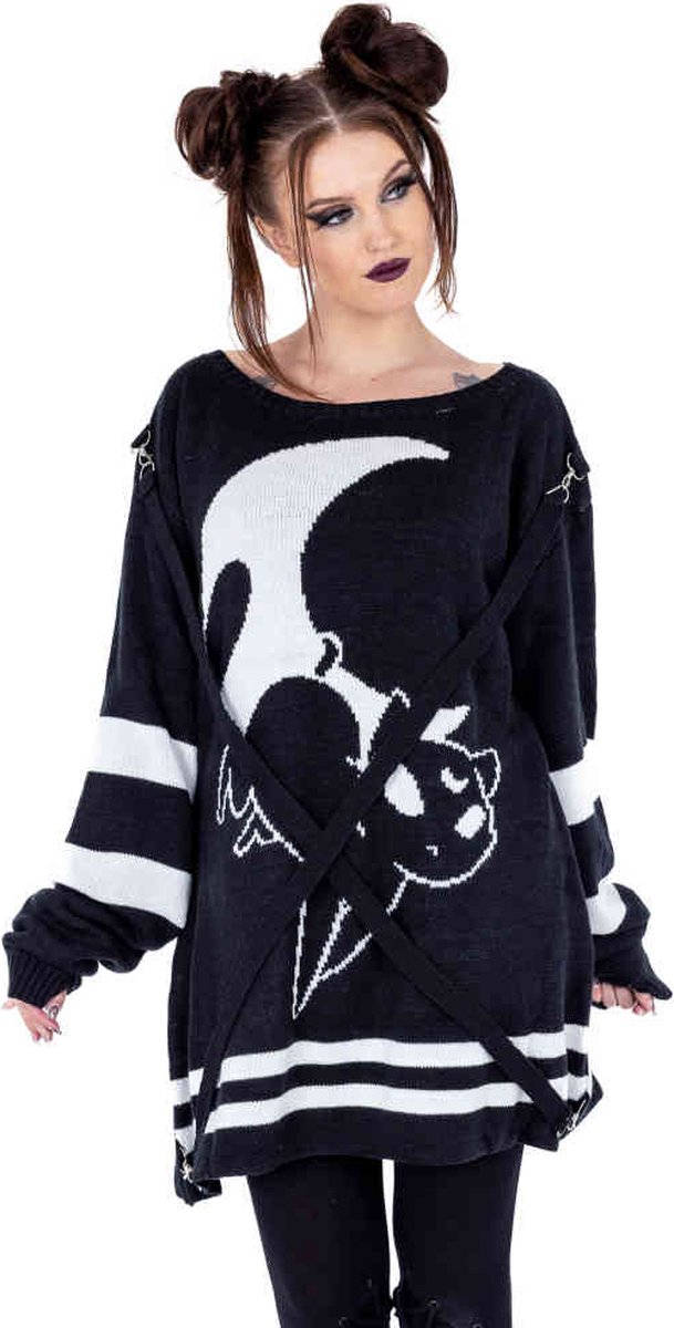Heartless - Moon Cats Gebreide trui - M - Zwart/Wit