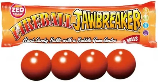 Verpakking 'Fireball Jawbreaker' met vier oranje-rode snoepballen.