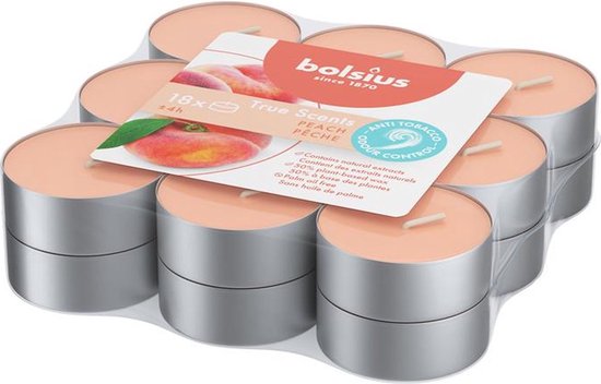 Bougies chauffe-plat Bolsius Fragrance 4 heures True Scents Peach emballées par 18 pièces