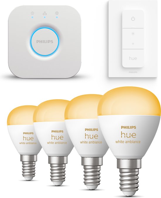 Philips Hue Starterspakket White Ambiance Kogellamp E14 - 4 Hue Lampen, Bridge en Dimmer Switch - Eenvoudige Installatie - Werkt met Alexa en Google Home