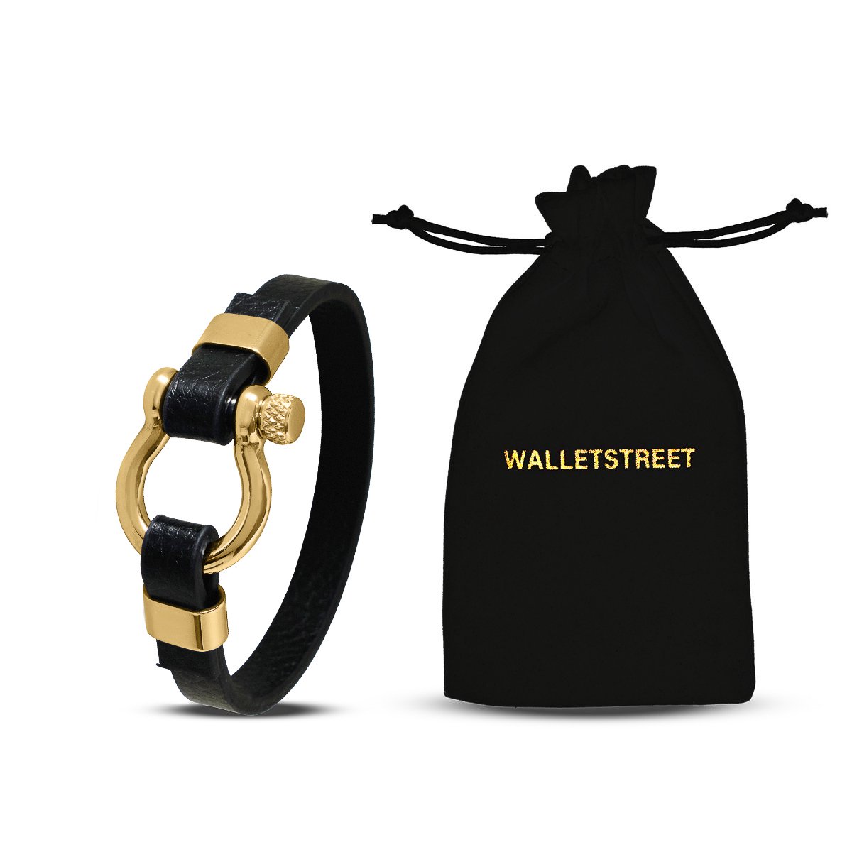 Walletstreet Zeemans/ Nautisch Armband - Leer en RVS - Mannen Armbandje 21 cm-zwart/goud-voor mannen en vrouwen-Kerstcadeau-Ideale geschenk