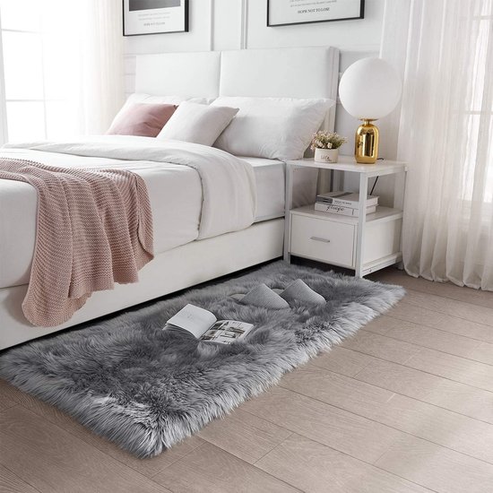 Imitatie-schapenvacht tapijt 60 x 90 cm langharige vacht-look, imitatiewol, bed- of bankmat (wit