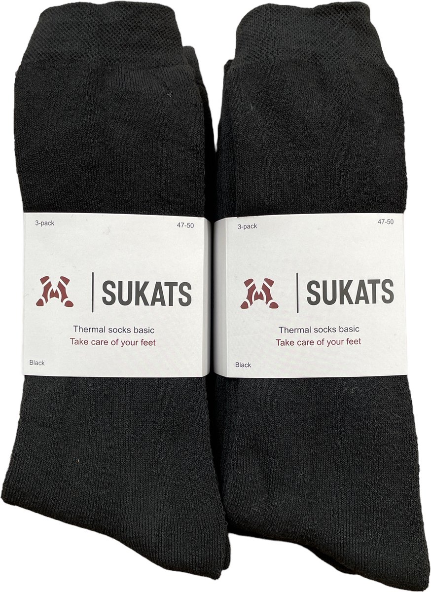 Sukats® 6 Paar Thermosokken - Maat 47-50 - XXL - Heren - Badstof - Zwart - Warme Sokken - Werksokken - Thermo Kousen