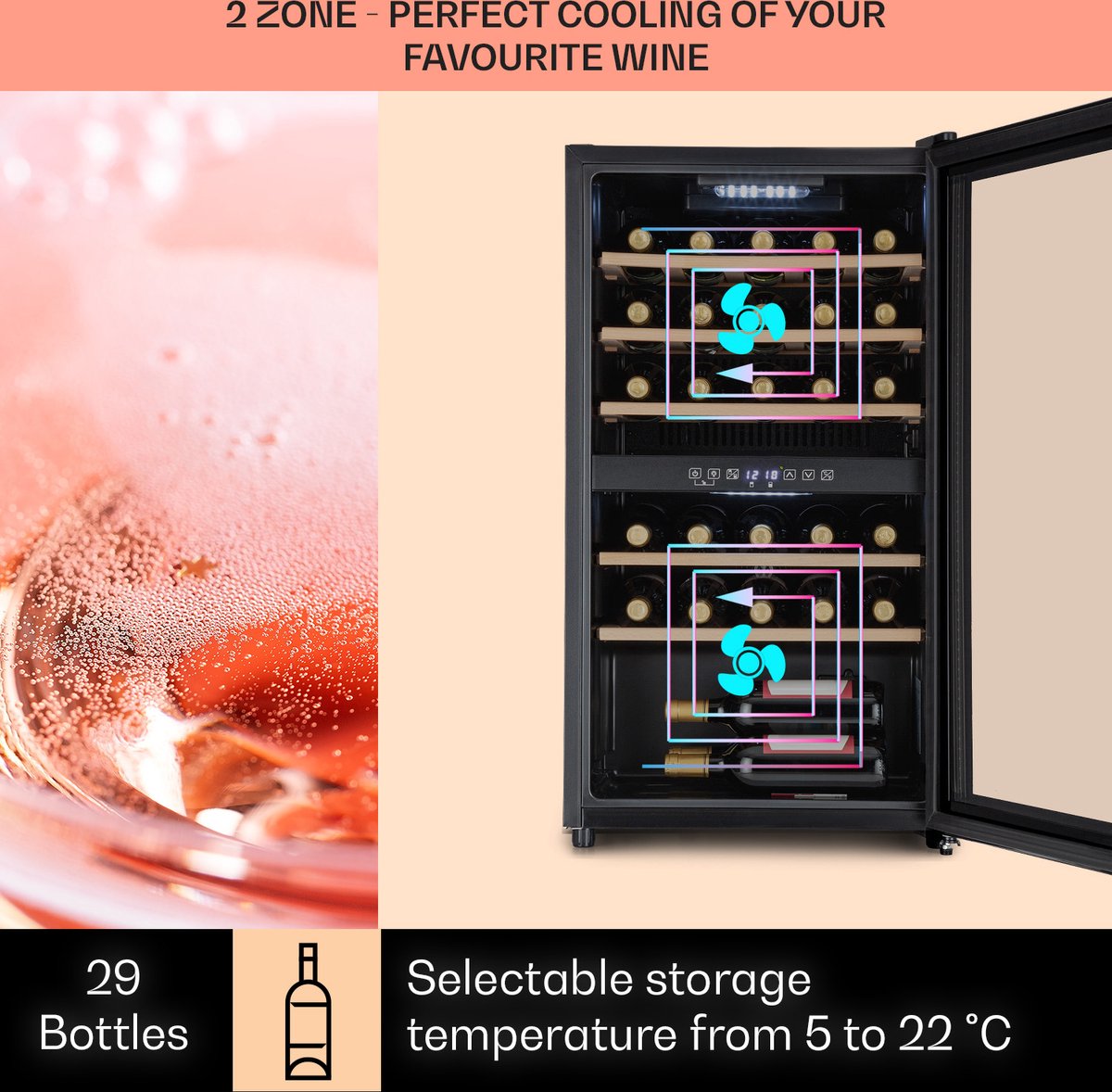 Klarstein Wijnkoeler Barossa 29 Duo Wijnkoelkast - 29 Flessen - 80 Liter - 2 Zones - Toetsbediening - Zwart - 43 cm - voor Bar - Houten Schappen - Wine Cooler Wine Fridge Wijnklimaatkast Wijnkast – foto 6
