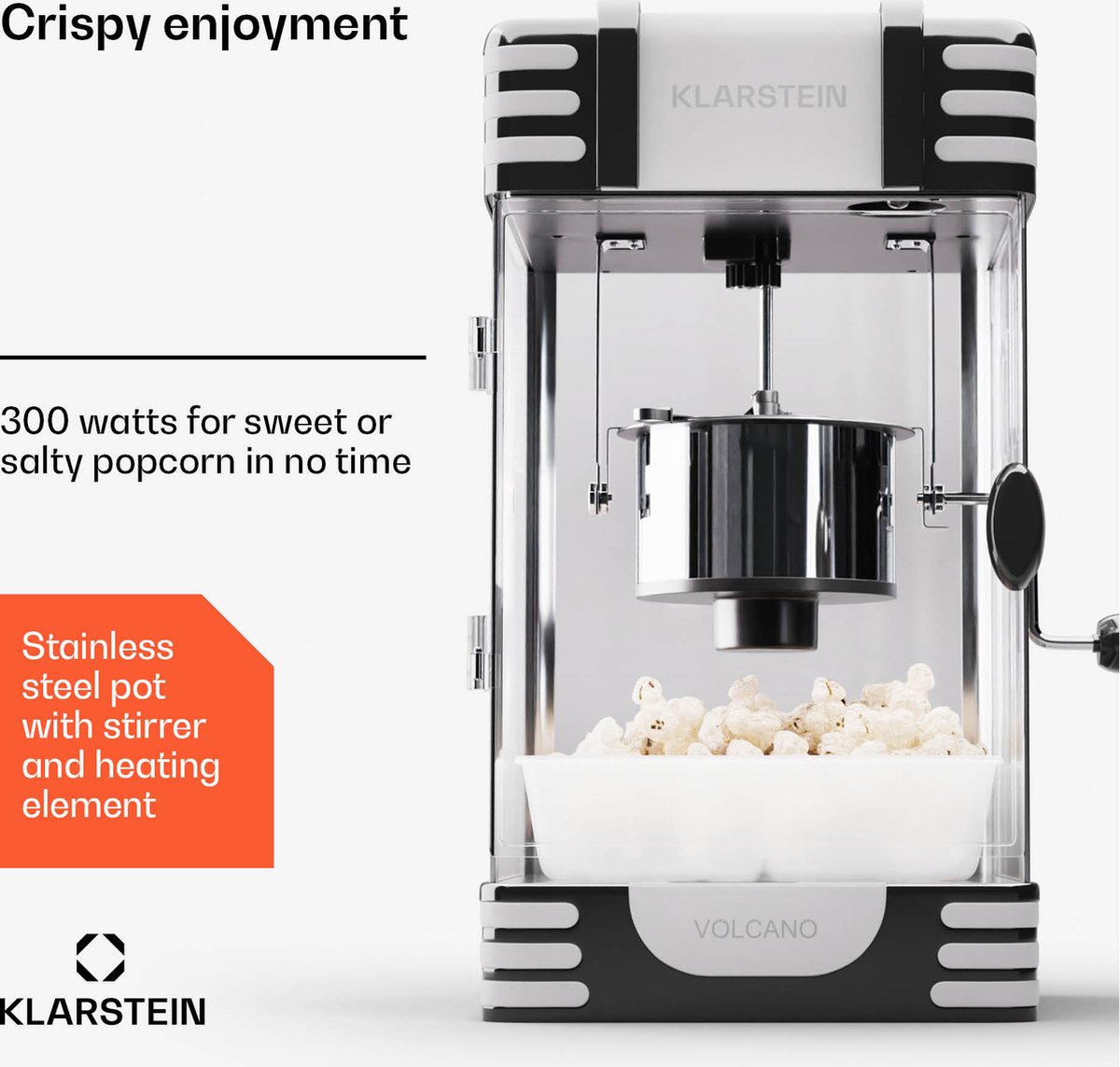 Klarstein popcornmachine klein, popcornmachine voor zoete & zoute popcorn, 300W popcorn maker, retro keukenapparaat voor maïs popcorn, popcorn machine met rvs houder, popcornmachines