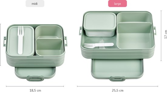 Dimensions des boîtes à lunch bento vertes, midi (18,5 cm) et large (25,5 cm), avec compartiments séparés et fourchette.