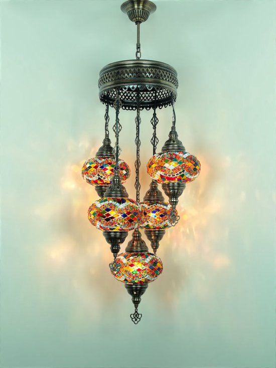 5 ampoules globe lampe suspendue turque lustre oriental verre mosaïque multicolore
