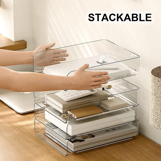 Winter Shore Lot De 4 Bannettes Rangement Bureau Transparentes – Corbeilles Empilables PET, 32x25,3x7,6 Cm, Organiseur Papiers, Lettres, Fournitures – Design Moderne & Pratique