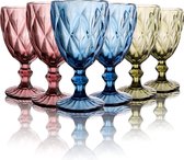 Set van 6 gekleurde wijnglazen 10 oz Vintage gesteelde glazen kelk Romantisch diamantpatroon reliëf drinkgerei voor feest bruiloft