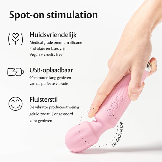 Une main tient un vibrateur rose. Caractéristiques : doux pour la peau, rechargeable par USB, silencieux.