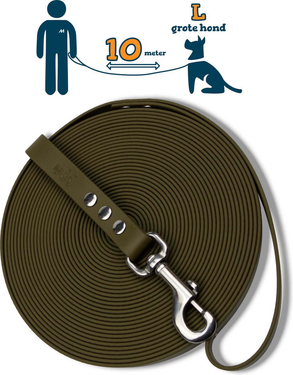 Miqdi lange lijn – BioThane® - olijfgroen – 10meter lang – 19mm breed – L/XL - grote hond– lange hondenriem