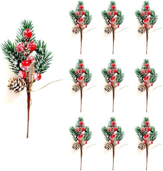 Foto: 10 stks kerst bessen rode stengels evergreen pine branches kerst kunstmatige dennenappels hulst stam craft ornamenten sneeuwvlokken pine picks