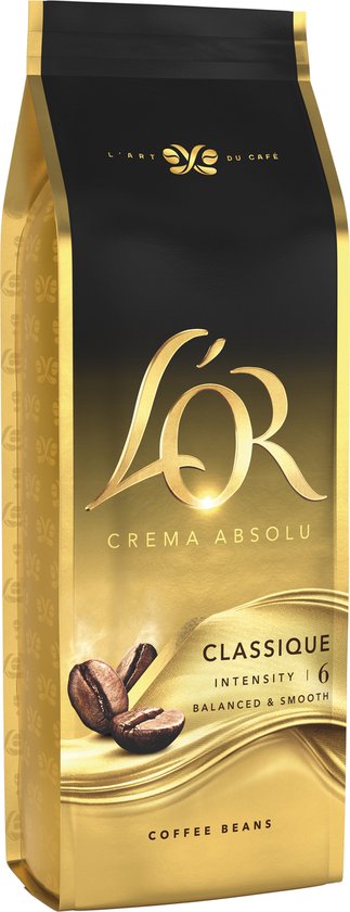 Een zak L'OR Crema Absolu Classique koffiebonen met een gouden en zwarte print en koffiebonen.