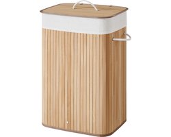 ACAZA Wasmand Met Deksel - 72 - Bamboe - Wasbare Katoenen Waszak - Handvatten - 40 x 30 x 60 cm - Natuurlijk Bruin