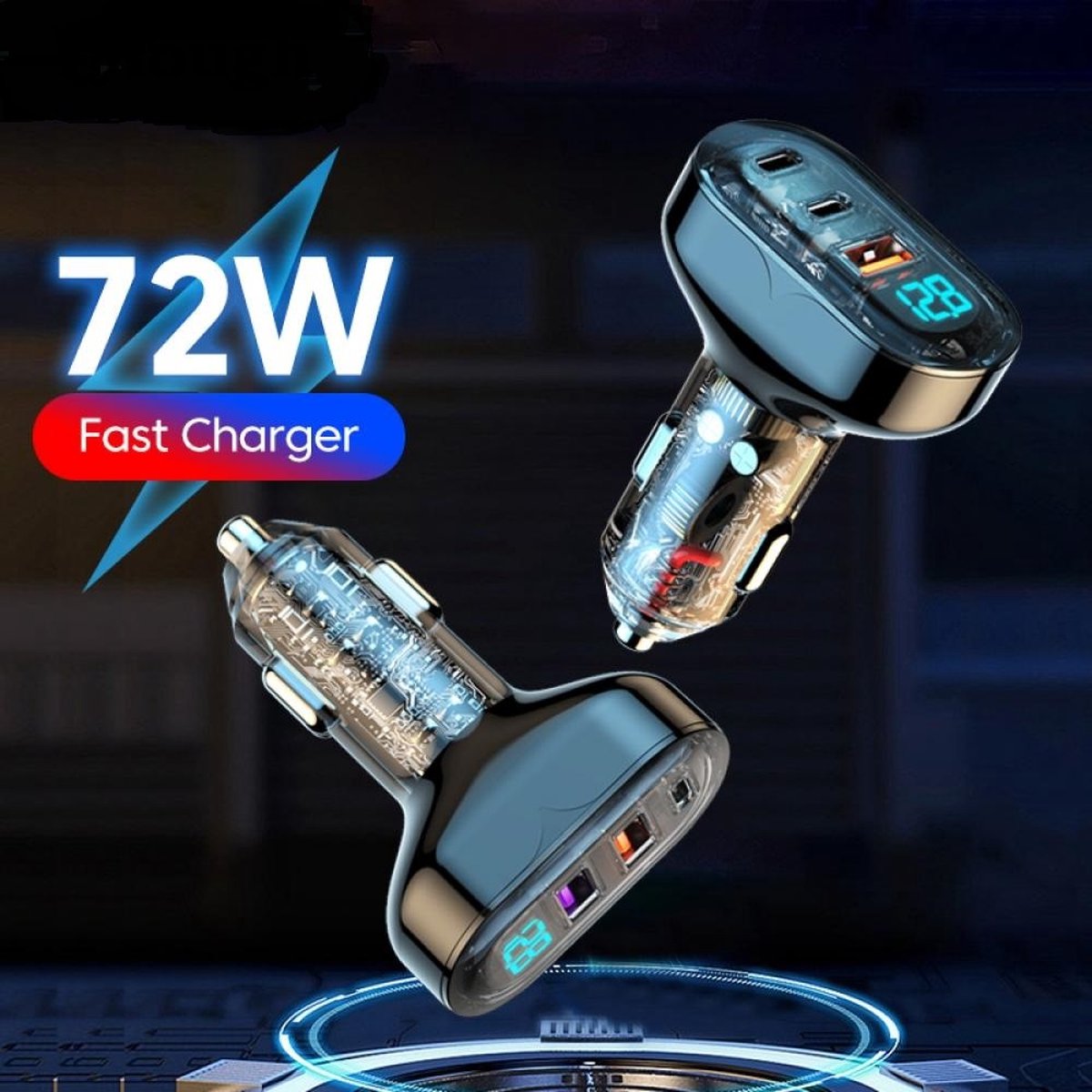 Zazitec ZT-PD72C Autolader 72W 2X USB-C Power Delivery 1X USB-A Quick Charge 3.0 - Snellader met LED display - Sigaretten Aansteker - 12/24V - Zazitec