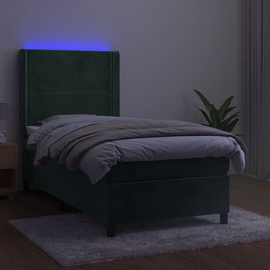 The Living Store Boxspring - Fluwelen Bed met LED en Pocketvering - 203x103x118/128cm - Donkergroen