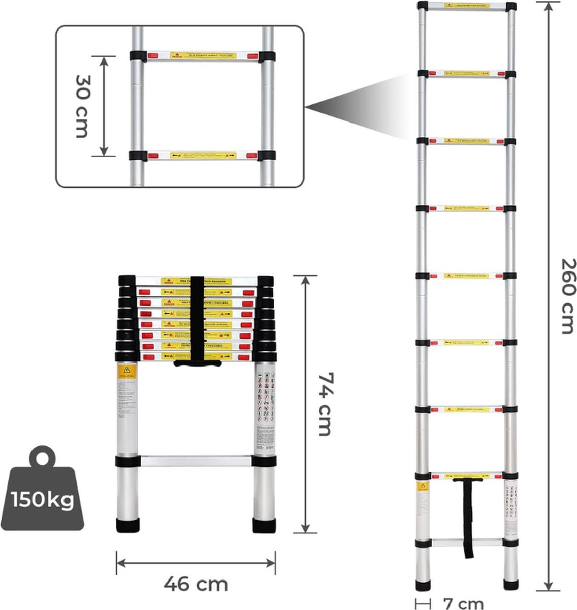 telescopische ladder 2.6 M vouwladder uitschuif ladder
