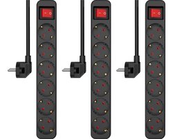 3-Pack ELRO ES106S-B Stekkerdoos 6-voudig met schakelaar en 1,5m snoer | Hoge veiligheid | Kinderbeveiliging | Geaarde stekker | Brandveilig | TÜV getest | Zwart