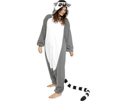 KIMU Onesie Lemur Ringstaartmaki Pak - Maat 152-158 - Ringstaartmakipak Kostuum Grijs - Kinder Huispak Jumpsuit Pyjama Jongen Meisje Festival