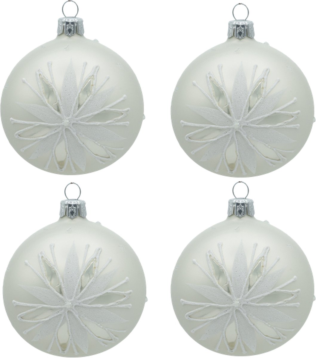 Feestelijke Witte Kerstballen met Kerstster Decoratie - set van 4 glazen kerstballen van 8 cm