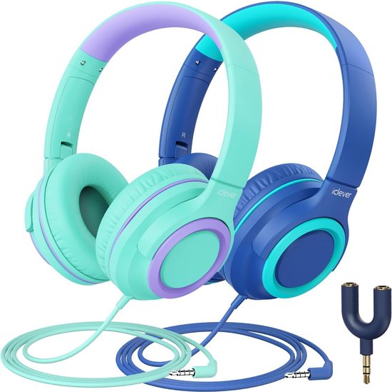 Foto: Intelectro kinderheadset 2 pack kristalhelder geluid en comfort perfect voor kinderen comfortabel en opvouwbaar ontwerp helder geluid ingebouwde microfoon volumebegrenzing audiosplitter inbegrepen levering sneller dan aangegeven 