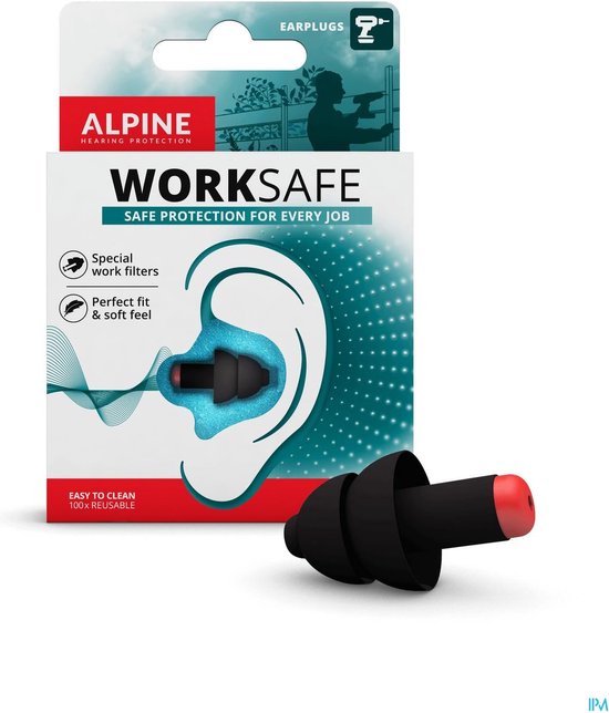 Alpine WorkSafe Oordoppen - Earplugs beschermen jouw gehoor tijdens het klussen (23dB) - Gemakkelijk te verwijderen met handschoenen (groter formaat) - Inclusief draagkoord - Zwart - 1 paar - Alpine Hearing protection