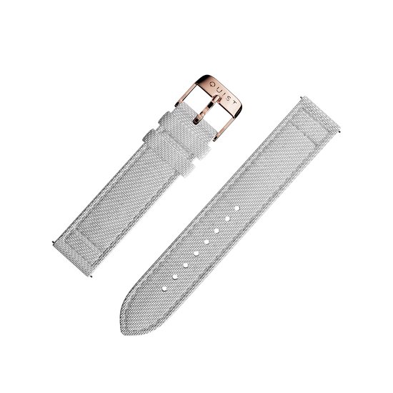 QUIST - horlogebandje - lichtgrijs linnen - rosegouden sluiting - 18mm