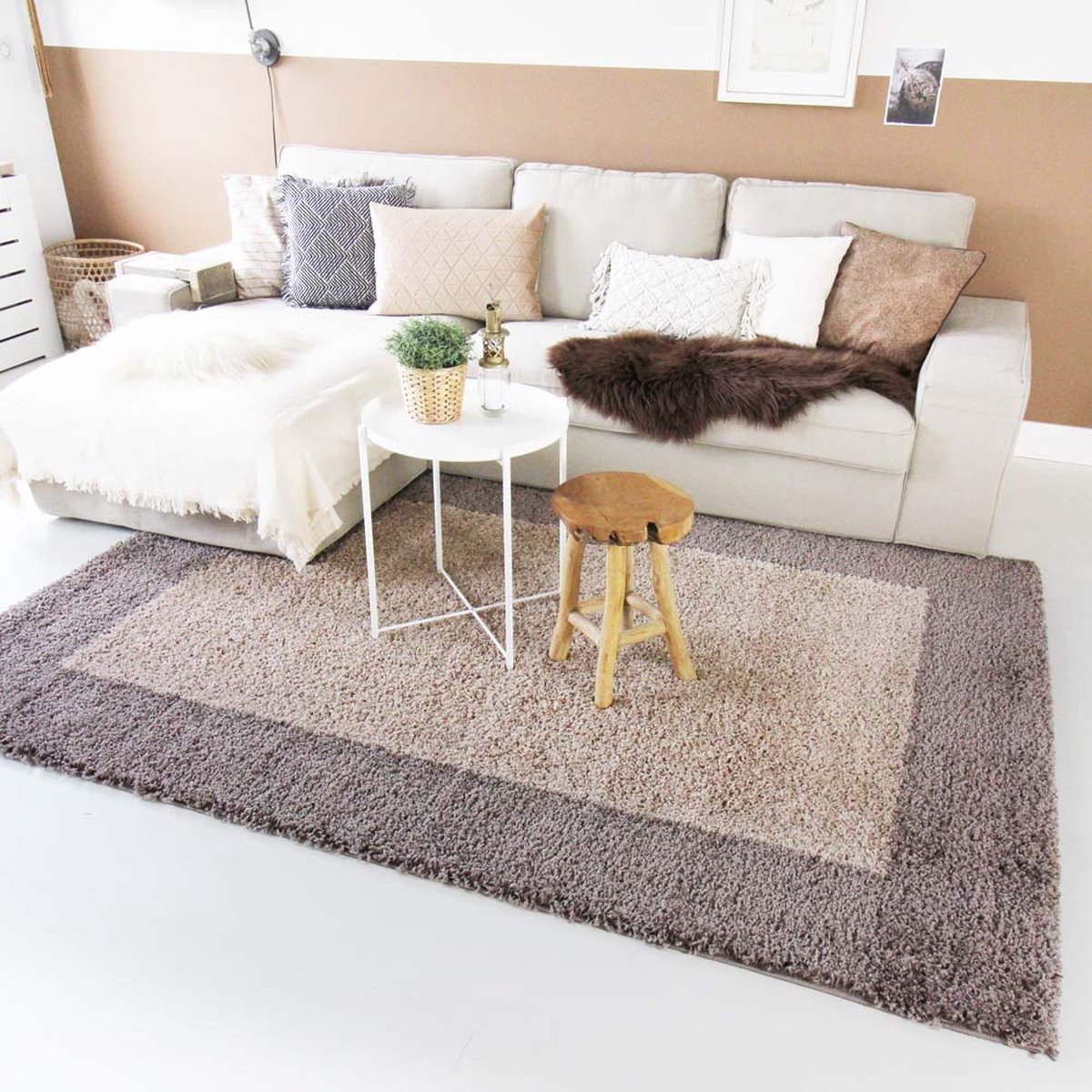 Hoogpolig vloerkleed - Trend Frame taupe 240x340