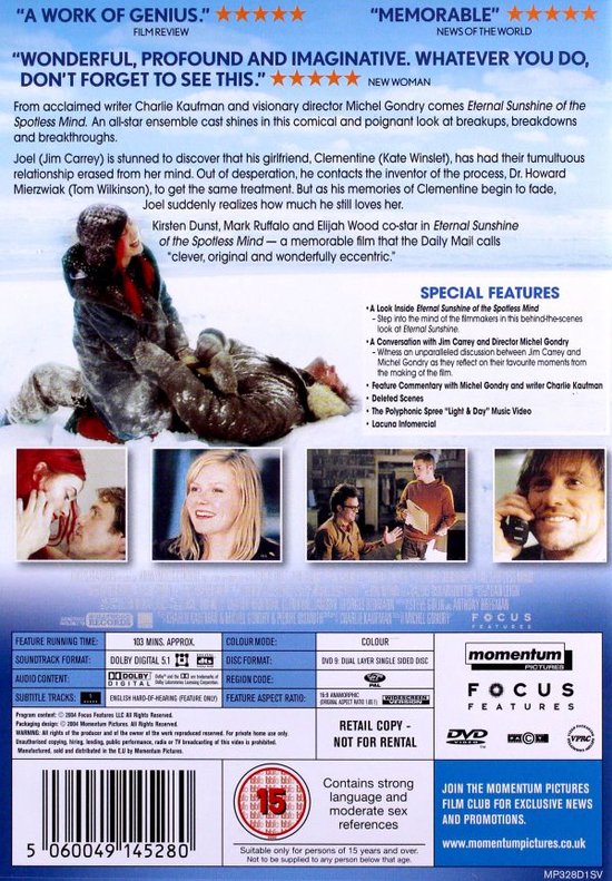 Achterkant dvd: Een koppel loopt in de sneeuw. Er zijn recensies en thumbnail-afbeeldingen van de film 'Eternal Sunshine of the Spotless Mind'.