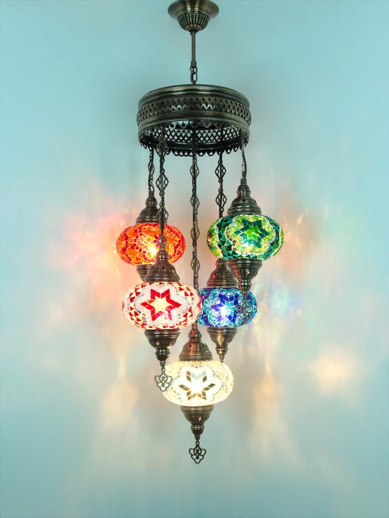 5 ampoules globe lampe suspendue turque lustre oriental verre mosaïque multicolore