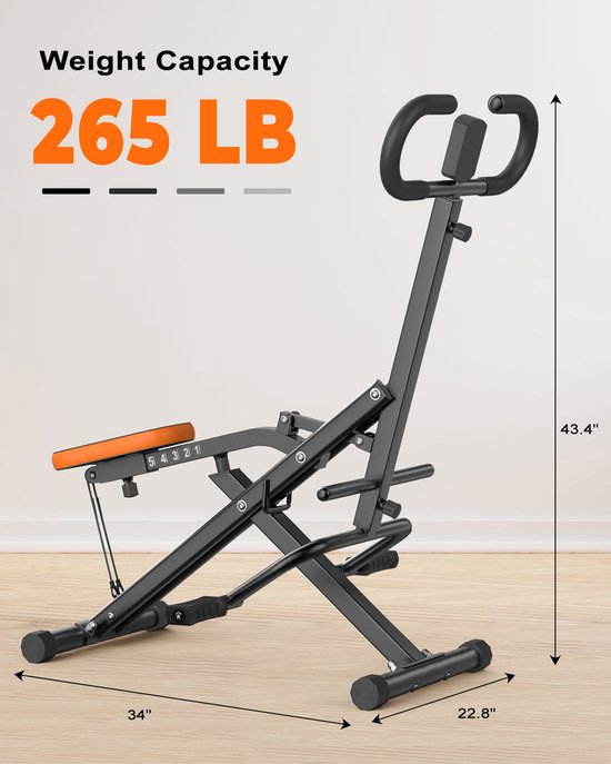 Zwart fitnessapparaat met oranje zitting en afmetingen: 34" L x 22.8" B x 43.4" H.