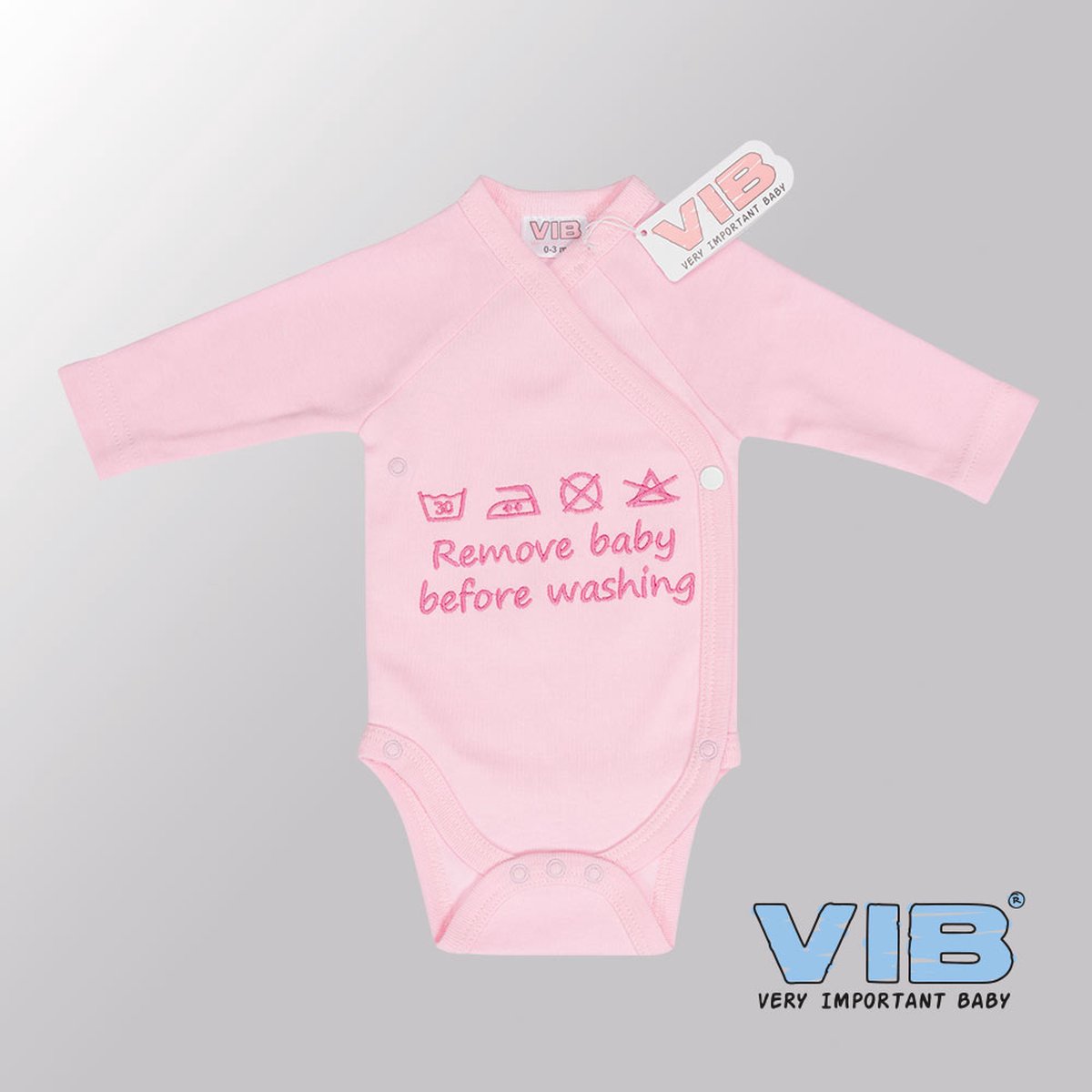 VIB® - Rompertje (overslag) Luxe Katoen - Remove Baby before washing (Roze) - Babykleertjes - romper - rompertjes - rompertjes met tekst - baby cadeau - baby aankondiging - overslagromper