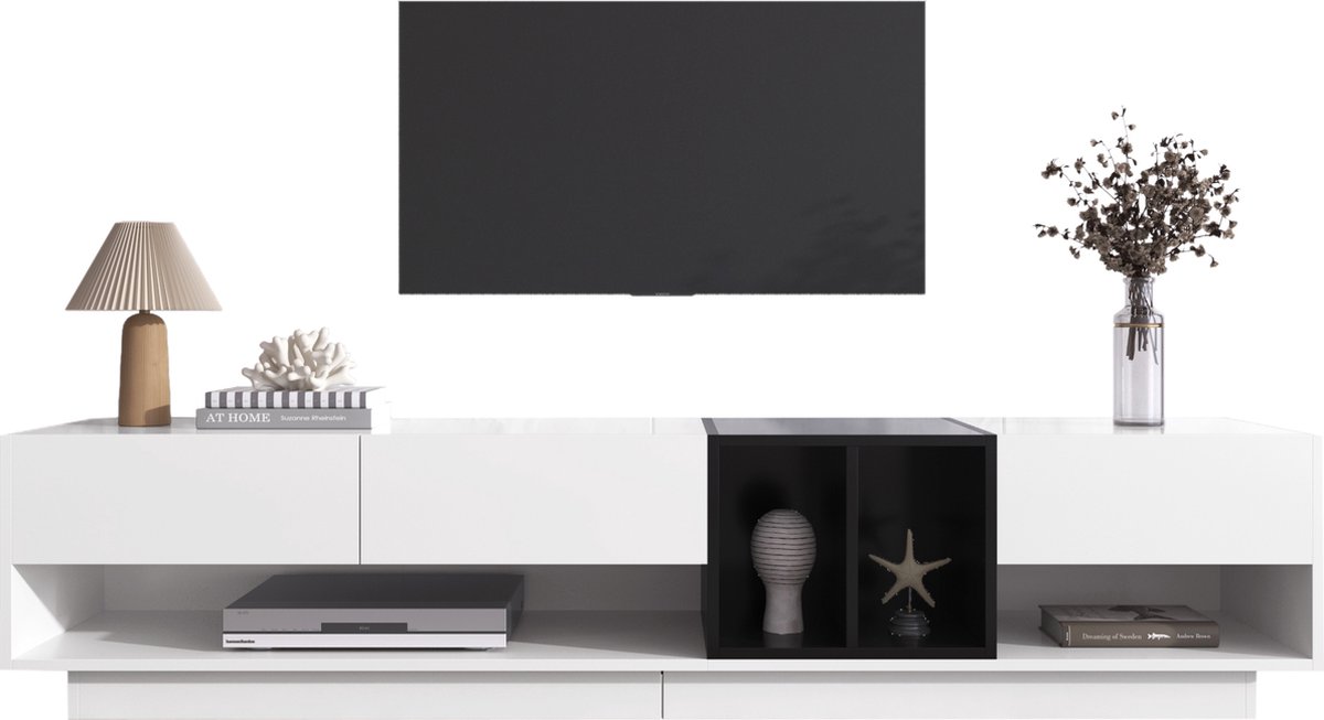 Merax TV Meubel - TV Kast met Lades - TV-Meubel in Hoogglans Wit met Zwart