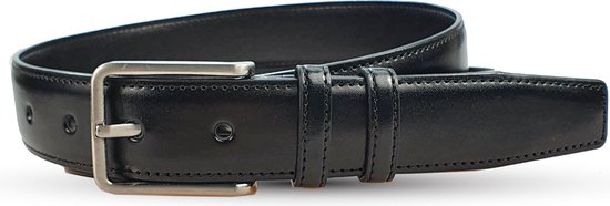 Ceinture en cuir noir avec boucle argentée.