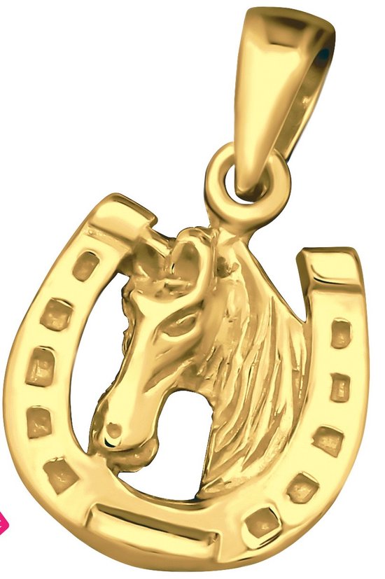 Joy|S - Zilveren hoefijzer met paard hanger - zonder ketting - massief - 10 mm - 14k goudplating