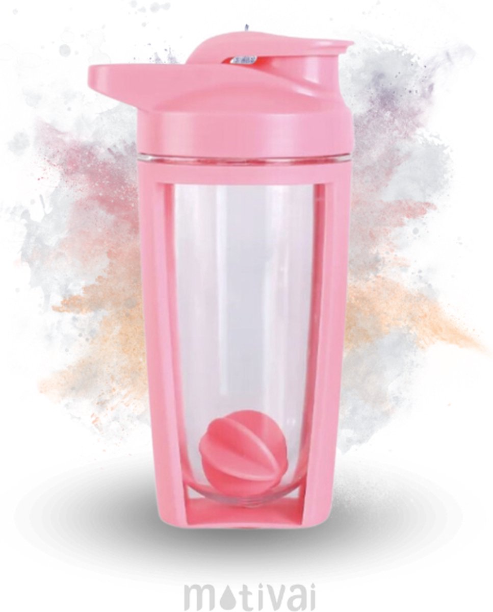 Goedkoopste Shakebeker - Motivai® - Roze - Met shakebal - Shaker - 500ml - Motivatie Waterfles - Voor het maken van Shake's - Ook voor supplementen
