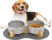 Dubbele 850ml hondenkom keramische voerbak verhoogde voerbak voor honden met bamboe standaard en antislipmat voor middelgrote en grote honden voer- en waterbak (grijs)