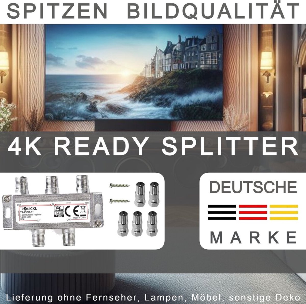 TronicXL 4-voudige premium BK-verdeler inclusief f-connector, tv-kabeladapter, antenneverdeler, kabeltelevisie, DVBC, geschikt voor Unitymedia, SAT Splitter Unicable 4-voudig, Virgin Aerial satellieten, zachte DVB-T2, DVB-C, DVB-S2