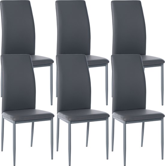CLP Savino Set de 6 chaises de salle à manger - Sans accoudoirs - Fauteuil - Piétement métal - Simili cuir gris