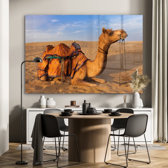 MuchoWow® Glasschilderij 180x120 cm - Schilderij glas - Dromedaris kameel in zandduinen - Foto op acrylglas - Schilderijen