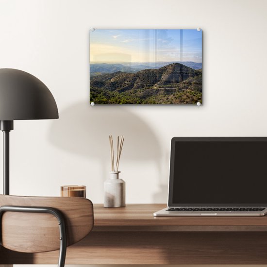 MuchoWow® Peinture sur verre - Les montagnes du Trodos à Chypre pendant une journée ensoleillée - 30x20 cm - Peintures sur verre acrylique - Photo sur Glas