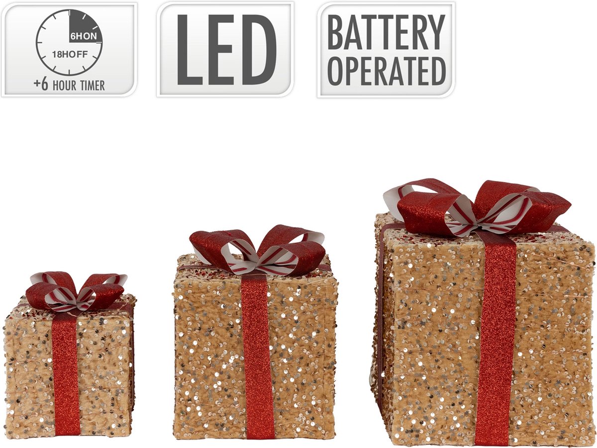 Set Van 3 LED Decoratie Geschenkdoos Met 90 Warm Witte LED's Rood Goud Draad Frame Batterij Met Timer